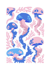 Underwater world, ocean, sea, fish and shells vertical flyer or poster template. Modern trendy Matisse minimal style. 