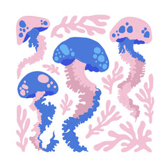 Underwater world, ocean, sea, fish and shells vertical flyer or poster template. Modern trendy Matisse minimal style. 