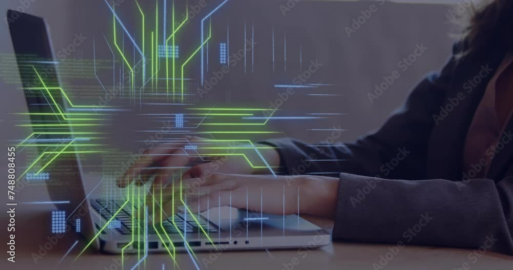 Poster animation of circuit board with data processing over caucasian woman using laptop