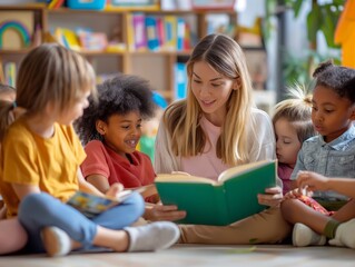 Fototapeta na wymiar Female teacher reading book to children