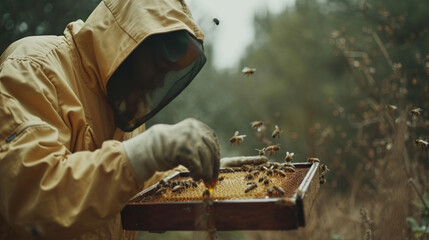 Beekeeper Inspecting Honeycomb Frame