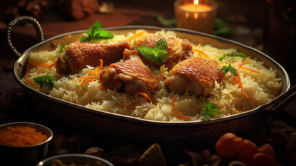 Traditional iranian biryani meal with chicken and rice on table - obrazy, fototapety, plakaty