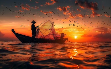 Fisherman casting his net on during sunrise.Silhouette Asian fisherman on wooden boat casting a net for freshwater fish