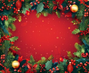 Christmas frame or boarder background with holiday decorations, flat background, top view, detailed foliage, vibrant stage bokeh backdrop, light crimson, Christmas gold and red balls, copy space.
