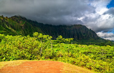 Ho'omaluhia Botanical Garden with views of Ko'olau mountains on O'ahu island, Hawaii