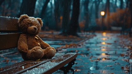 Teddy bear alone on a soggy park bench at heartrending. Generative Ai