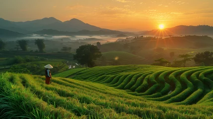 Tafelkleed Farmers walking on rice fields terraced. Green Rice field  on terraced. men walking on rice terraces. Farmer hold a Smart phone and Keep rice on rice field. Landscape. asian rice farmer, sunrise.  © Sweetrose official 