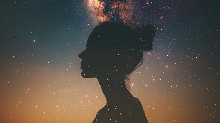 A woman's profile in cosmic silhouette against a star. Generative Ai