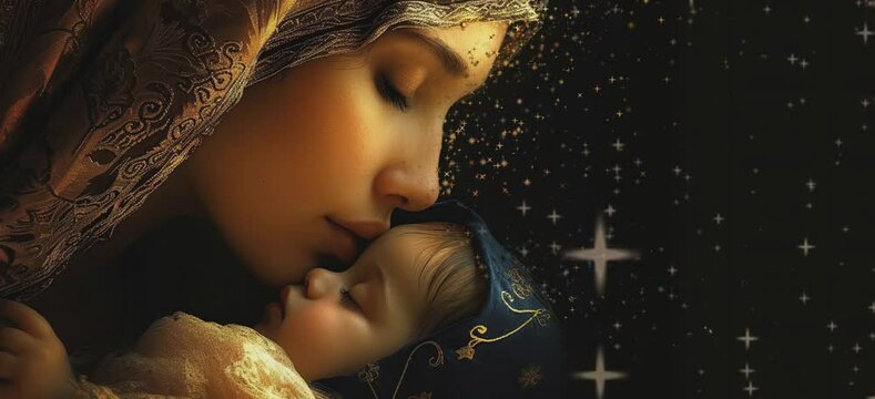 A woman is holding a baby in her arms. The baby is sleeping and the woman is kissing the baby's forehead. Concept of love and tenderness between the mother and child