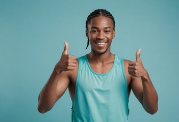 A cheerful young man in a tank top gives double thumbs up. His bright smile and sporty attire convey positivity and enthusiasm. - obrazy, fototapety, plakaty