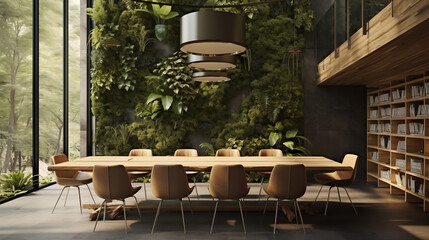 Interior of modern conference room with wooden walls, concrete floor, long wooden table with beige chairs and green plants. 3d rendering
generativa IA