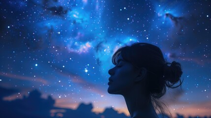 A woman's profile in cosmic silhouette against a star. Generative Ai