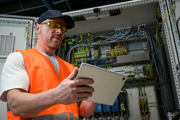 an electrician in a cap and orange vest installs a large electrical substation using a tablet