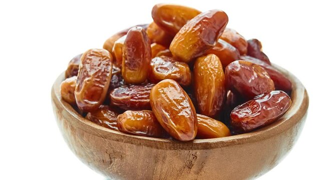 Circular motion Sweet dates in wooden bowl isolated on white background.