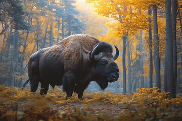 Majestic Bison in Autumnal Forest