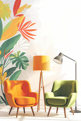 Vibrant chairs and lamp in front of tropical wall, modern living room interior illustration