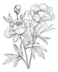peony flower template with leaves branches