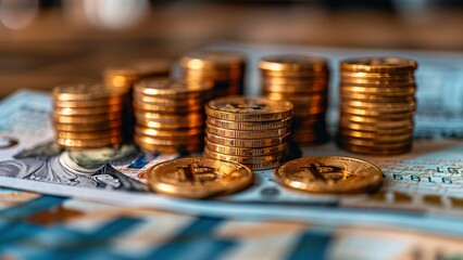Financial Growth Concept: Stacks of Bitcoin Coins on Currency Notes