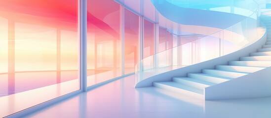 Fototapeta premium A white staircase stands in a room featuring large windows, allowing natural light to illuminate the space. The modern design of the staircase contrasts with the traditional elegance of the windows.