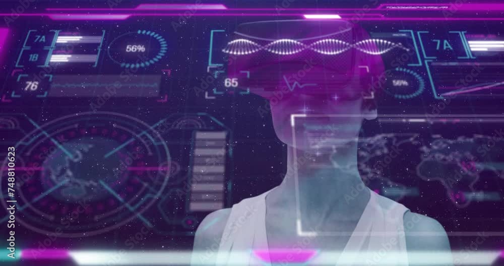 Aufkleber animation of screens with data processing and caucasian woman using vr headset