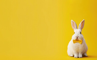 Fototapeta na wymiar White easter rabbit with a yellow bow tie isolated on a yellow background, wallpaper