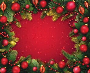 Fototapeta na wymiar Christmas frame or boarder background with holiday decorations, flat background, top view, detailed foliage, vibrant stage bokeh backdrop, light crimson, Christmas gold and red balls, copy space.