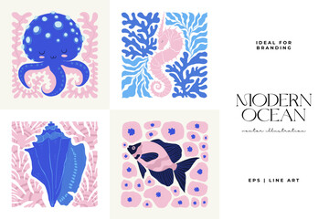 Underwater world, ocean, sea, fish and shells vertical flyer or poster template. Modern trendy Matisse minimal style.