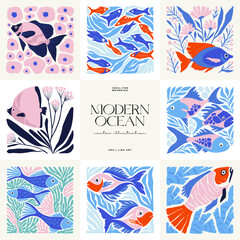 Underwater world, ocean, sea, fish and shells vertical flyer or poster template. Modern trendy Matisse minimal style. - obrazy, fototapety, plakaty