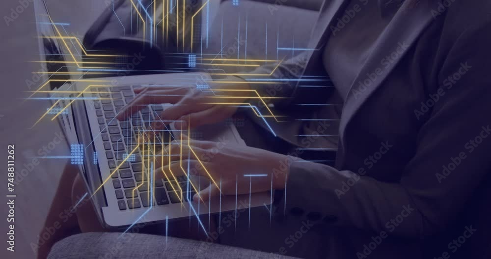 Aufkleber animation of circuit board with data processing over caucasian woman using laptop