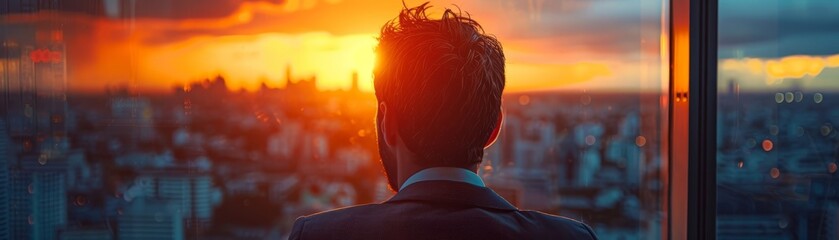 Back view of a businessman gazing at a city skyline bathed in the warm glow of a sunset from a high-rise office. - obrazy, fototapety, plakaty