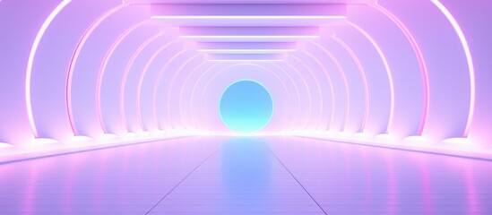 An abstract architectural background featuring a long tunnel illuminated by colored neon gradient lighting. The tunnel stretches into the distance, with a bright light visible at its end.