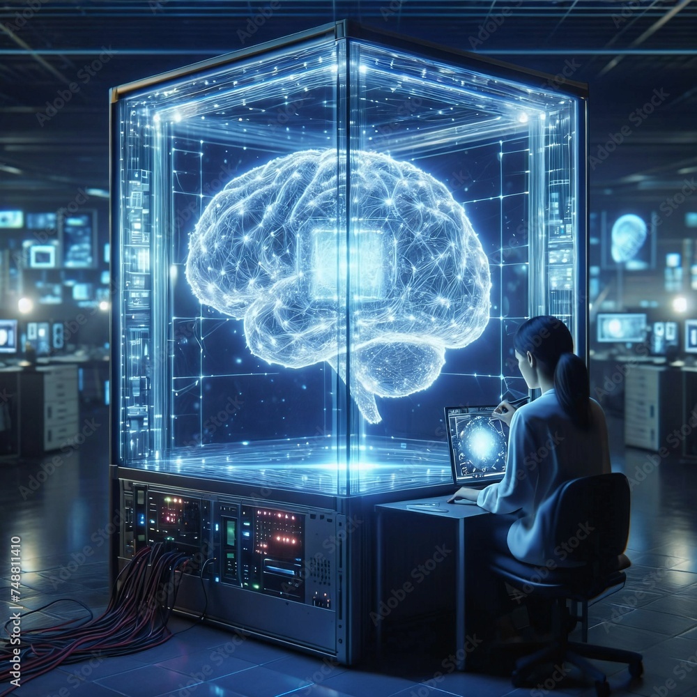 Poster digital ai brain. interacting with an artificial super intelligence far more intelligent than a huma