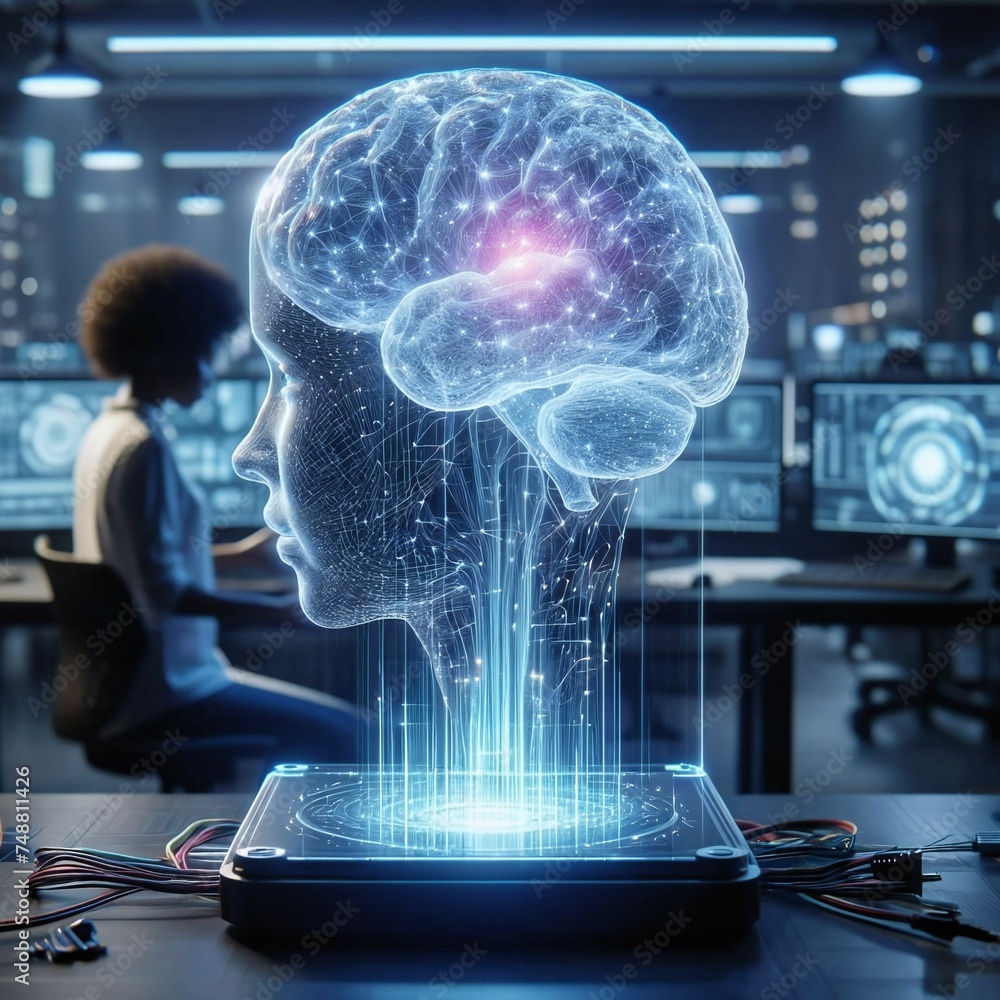 Poster digital ai brain. interacting with an artificial super intelligence far more intelligent than a huma