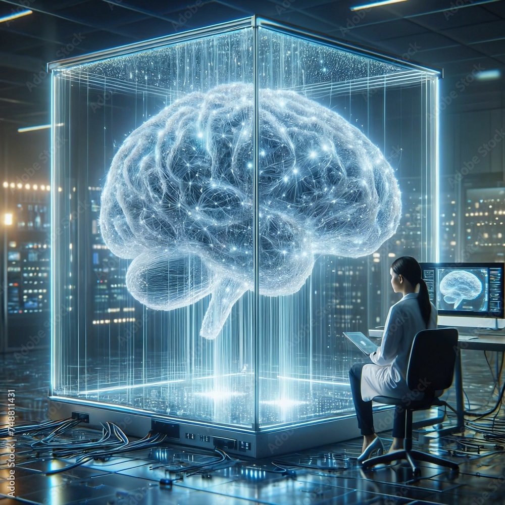Poster digital ai brain. interacting with an artificial super intelligence far more intelligent than a huma