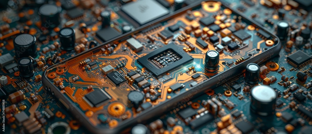 Fototapete repair service for mobile phones. disassembled smartphone. it case and electronics on abstract phone