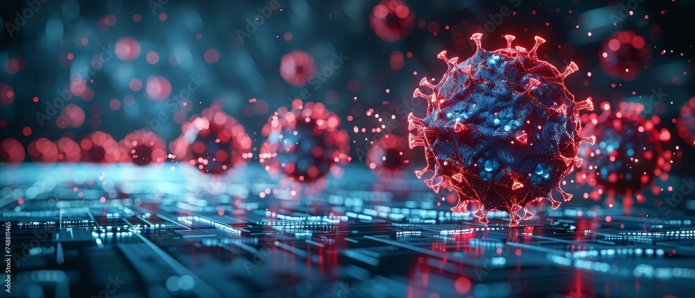 Aufkleber icon in blue glass dome attacked by red viruses. protection concept. low poly style design. blue geo