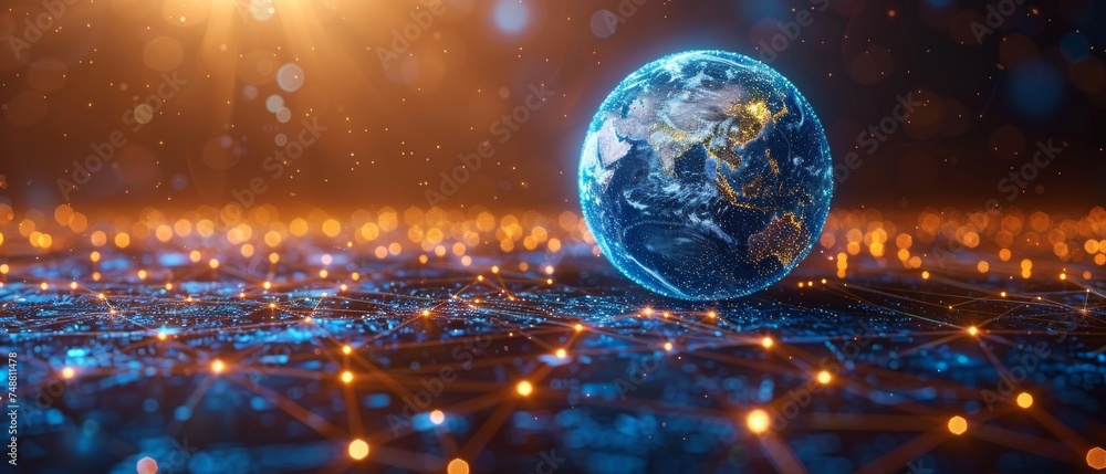 Aufkleber The abstract planet Earth is covered in a futuristic guard shield in a blue color. This concept represents ecology protection. The background is a blue geometric pattern. The connection structure is