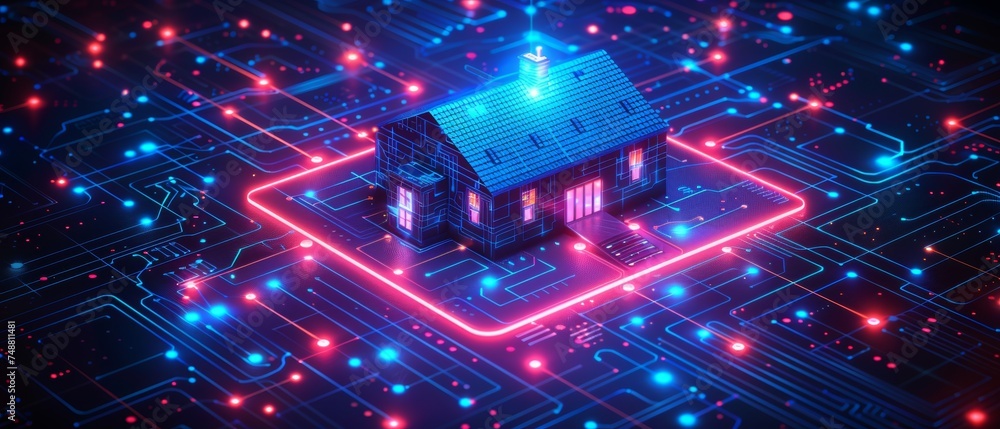 Fototapete Using IOT technology, smart home can be controlled by smart phone via internet. Smart devices can be connected to the internet by the phone. A smart home with an AI system operates the IOT system