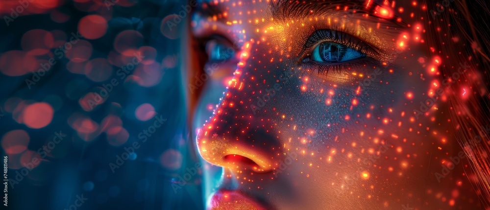 Poster Using a woman's cyborg head to make a computer decision. A neon cyberpunk word in the 80s style. A female robot face with computer artificial intelligence. An electronic technology banner in the 80s