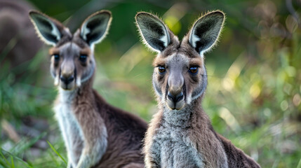 Naklejka na ściany i meble Two kangaroos next to each other amidst green foliage.
