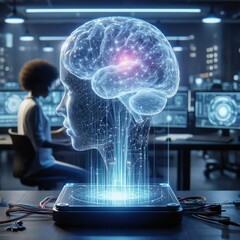 Digital AI brain. Interacting with an Artificial Super Intelligence far more intelligent than a human. Virtual interface. Technology concept. Futuristic. Hologram. AGI. Generative AI