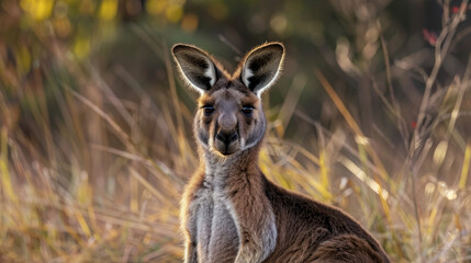 A kangaroo with soft brown fur looks curiously at the camera among autumn grass.