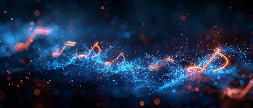 Neon style notes icon on blue representing music, a song, melody, or tune. Use for musical applications and websites.