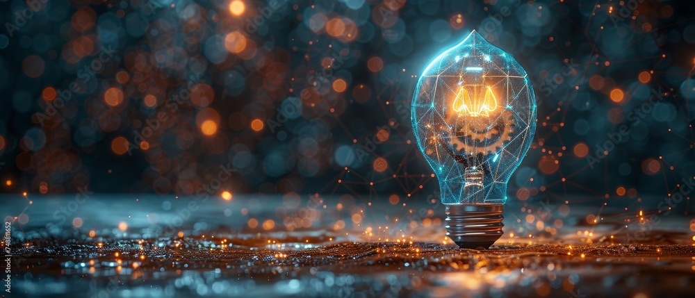 Aufkleber Blue glowing light bulb with cogwheels. Business model concept and AI. Low poly design. Geometric background. Wireframe light connection structure.  illustration.