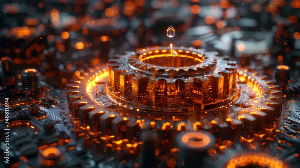 Poster detailed 3d illustration of a cog gear with drops of oil falling. low poly style design. geometric b
