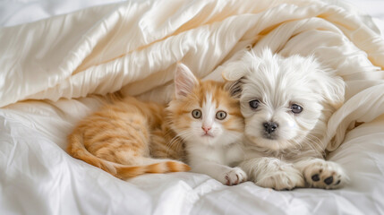 A heartfelt moment between a puppy and a kitten enveloped in a soft beige blanket.