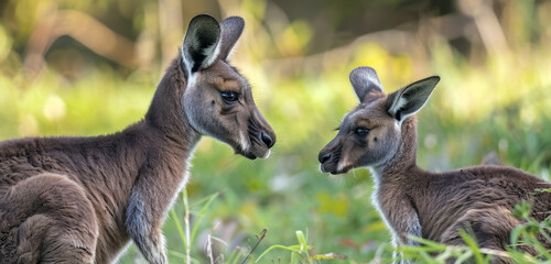 Two kangaroos face each other as if in conversation amidst green foliage.