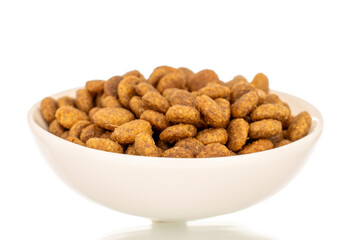 Dry dog food in a white ceramic plate, macro, isolated on white background.
