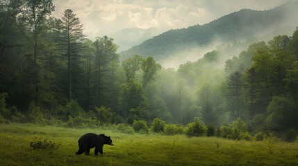 a black bear in its natural habitat within the Smoky Mountains National Park, showcasing the wildlife's beauty and power against the backdrop of lush forests and misty mountain peaks. - obrazy, fototapety, plakaty