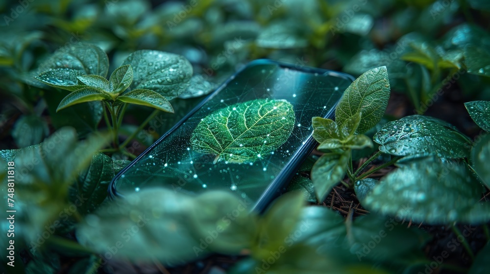 Leinwandbilder isolated illustration of a mobile phone with green plants. low poly style design. blue geometric bac